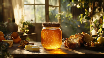 A glass jar of honey with a rustic woven lid sits on a wooden table, surrounded by fresh bread, butter, and fruit. The morning sunlight casts a warm glow on the honey.