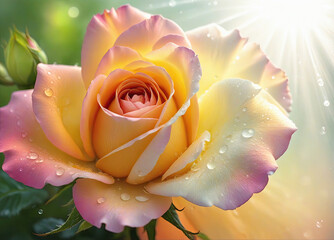 A close up detail of a dewy various rose showcasing its intricate petals and natural beauty