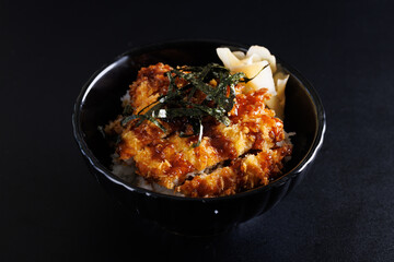 Tonkatsu teriyaki sauce with rice japanese food isolate in black background