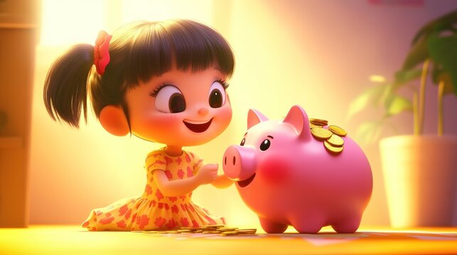 A little girl is playing with a piggy bank and putting coins in it