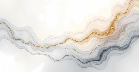 Naklejka premium An abstract design with soft, flowing layers in cream, gray, and beige, accented by delicate golden streaks, creating a tranquil and elegant marble-like effect.