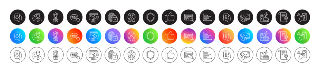 Like, Download app and Charging station line icons. Round icon gradient buttons. Pack of Quick tips, Computer mouse, Website search icon. Wallet, Lock, Dont touch pictogram. Vector