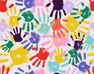 Seamless colorful hand-drawn pattern. Various prints of children's hands. Hand and finger background elements in red, blue, purple, orange, green and yellow. Vector handprints print seamless pattern.
