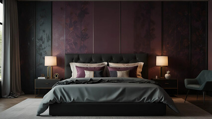 A minimalist bedroom featuring a primary color scheme of black and  purple