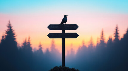 bird perched on wooden signpost at sunrise in forest