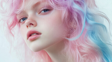 Studio portrait of teenage model with pastel cotton candy hair for fashion editorial