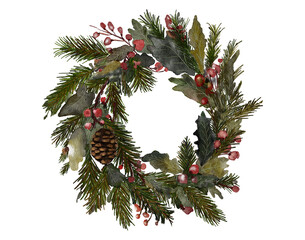 Retro christmas wreath watercolor, great design for any purposes. Watercolor illustration. Invitation card design. Invitation banner design. 