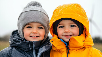 Two young boys in winter wear smiling at the camera.