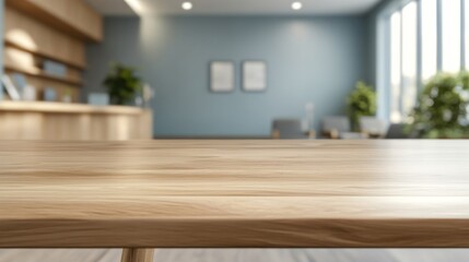 Empty wooden table in a modern office with blue walls and a window view