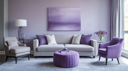 Modern Living Room with Purple Accents and a Gray Sofa