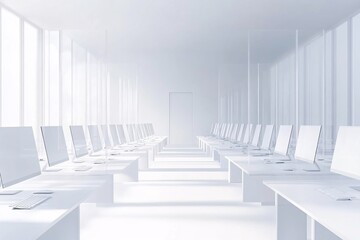 Fototapeta premium Minimalist White Office Interior Design: Rows of Desks and Computers in a Modern Workspace