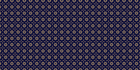 Luxury floral geometric pattern. Dark blue and gold ornament. Stylish vector abstract seamless pattern with small flower. Stylish elegant design for fabric, print, cover, banner, invitation, wrapping