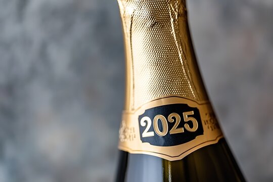 Golden champagne bottle with year 2025 on label