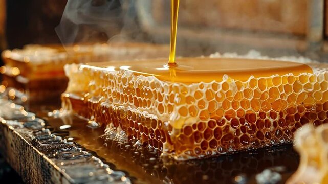 This Fresh honey flows from the honeycomb in a warm, rustic beekeeping workshop environment.