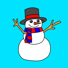 Snowman illustration wearing hat and scarf isolated on light blue background
