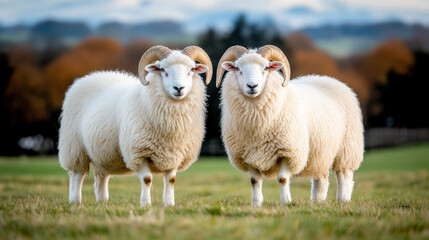 Two fluffy white rams stand side by side, their horns curling outwards.