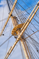 Blue sky, history and travel with mast of ship outdoor in nature from below for Danish heritage....