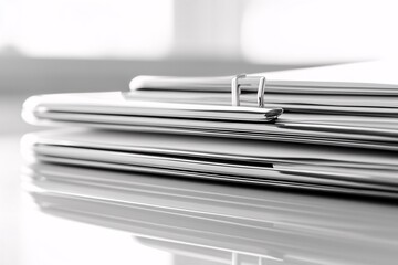 Close-up of a Stack of Silver Folders on a Desk