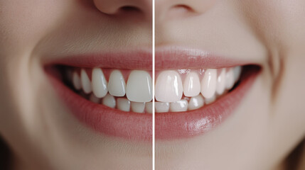 Studio close-up of teeth whitening: before and after transformation for dental health and beauty concepts