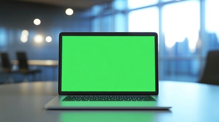 Laptop with Green Screen on a Table in an Office