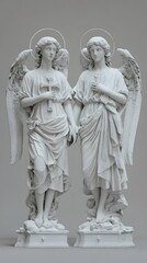 Two different side views of an angel statue holding a cross, one on the left and the other on the right side, against a grey background with a marble texture, in high quality.