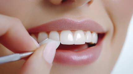 Fototapeta premium Close-up of veneer application in dental studio for perfect smile and oral health