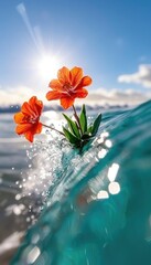 Bright orange flowers emerging from calm ocean waves under a sunny sky in early morning light