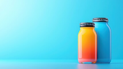Two Glass Bottles with Colorful Liquid on a Blue Background.