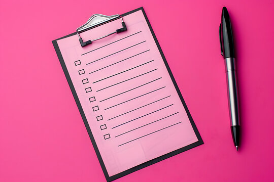 vibrant pink checklist paper with black pen for enhanced organization. generative ai