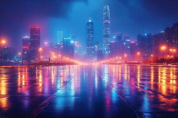 vibrant abstract cityscape at night with streaming lights and glowing skyscrapers casting reflections on wet pavement futuristic hues of blue and purple create an ethereal atmosphere