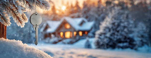 Winter holiday scene with a key hanging from a snow covered tree branch, a cozy private house illuminated in the background. Real estate, moving home or renting property concept.