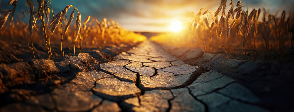 Cracked dry ground with wilting wheat crops in the foreground, under a warm sunset light, illustrating a scene of drought and aridity