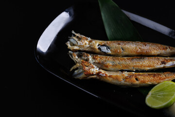 Shishamo Yaki Shishamo grill Traditional Japanese food Japanese seafood isolate in black background