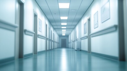 Empty Hospital Corridor with Doors and Lights