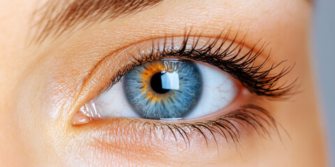Obraz premium Close-up of a woman's blue eye with long eyelashes.