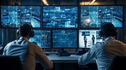 Two security operators monitoring city surveillance system.