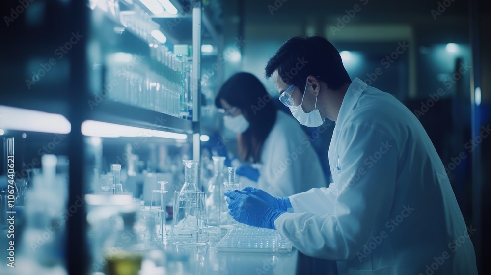 Poster scientists in lab coats conducting experiments in a modern laboratory setting.