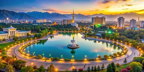 Fototapeta premium Dushanbe, Tajikistan: Aerial bokeh of Flagpole Square lake.