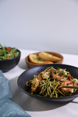 ispaghetti with pesto and shrimp Vegetarian vegetable low carb pasta.Italian food .Traditional Italian cuisine.
