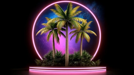 Naklejka premium Tropical Paradise with Neon Glow and Cosmic Background