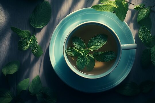 Tea Cup with mint leaves on a dark background.
