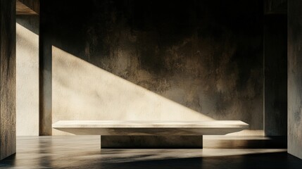 A minimalist interior space featuring a stone table with soft lighting and textured walls, ideal for showcasing modern architecture, interior design projects, or serene environments,