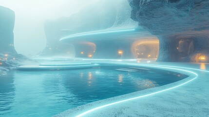 Fototapeta premium Explore the futuristic serenity of a neon-illuminated waterway in a mystical cave landscape