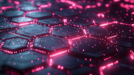 Obraz premium Illustration cybernétique futuriste de motifs de nid d'abeille avec néons lumineux et textures métalliques