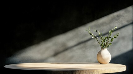 A minimalistic vase with greenery sits on a light wooden table, illuminated by soft sunlight against a dark wall, This image is perfect for interior design, wellness, or lifestyle themes,