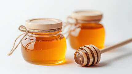 Close-up of glass jars with honey and wooden dipper for gourmet and health themes