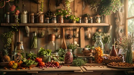 Rustic kitchen filled with fresh vegetables and herbs in warm light