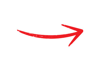 A red arrow marker is isolated on a transparent background, The arrow sign is drawn by hand with a marker, Marked arrow isolated on the background.