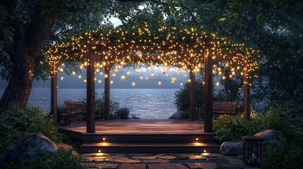 Obraz premium Enchant your outdoor space with a beautifully lit pergola for relaxation and gatherings