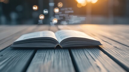 Open book with digital icons and sunlight backdrop